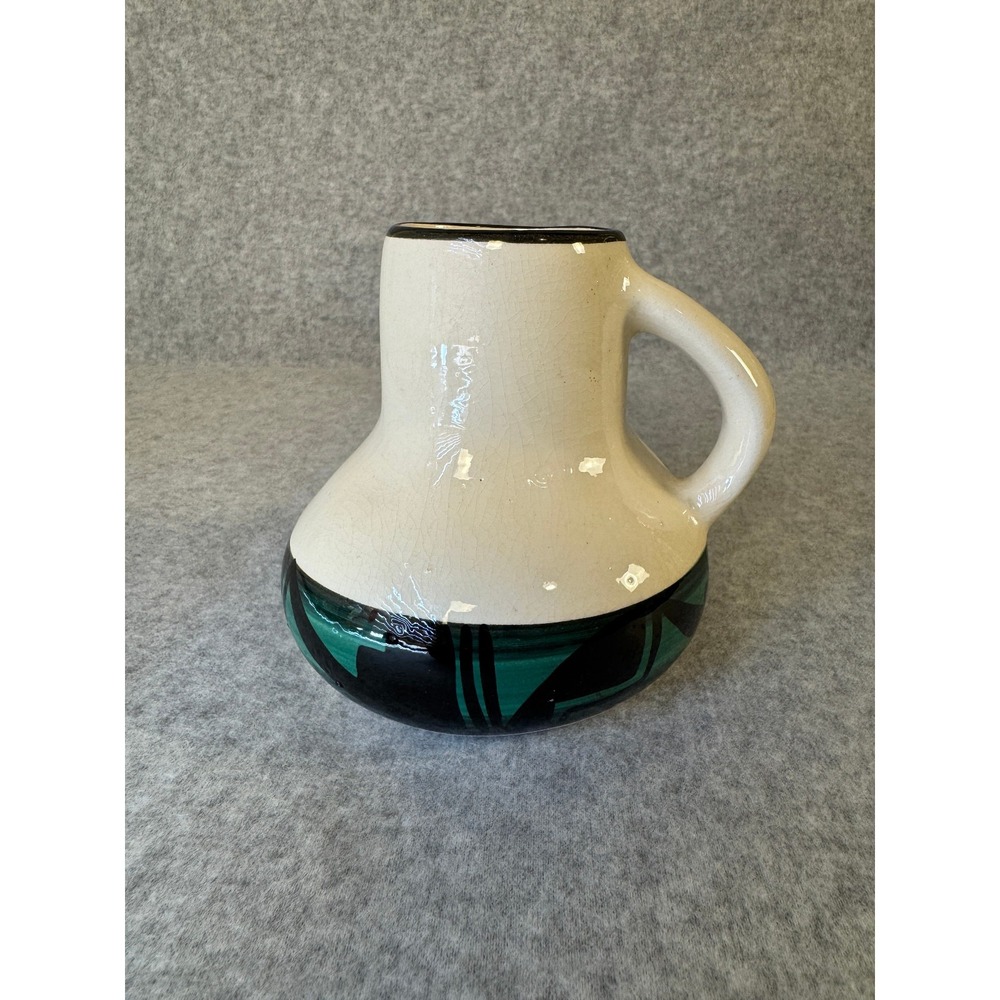 Vintage Ute Mountain Tribe Handmade Pottery Pitcher #35 White Green Black Signed